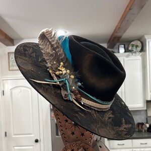 CustomEmbellished Black Felt Cowgirl hat with Turquoise Accents medium